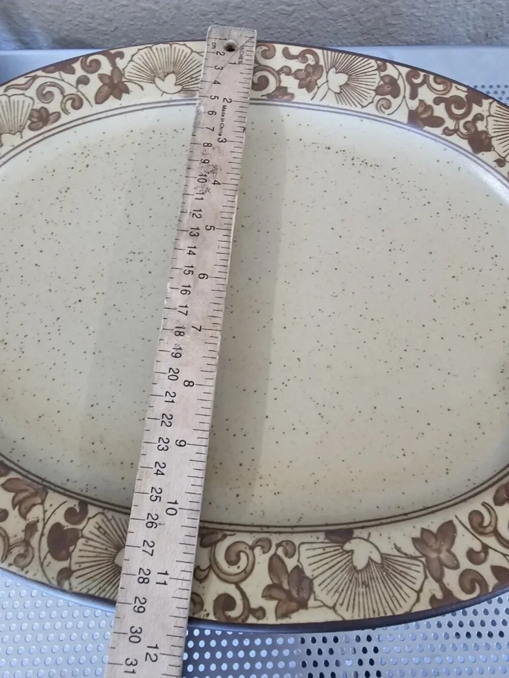 World Market Tan Brown Oval Platter Oriental Pattern Stoneware